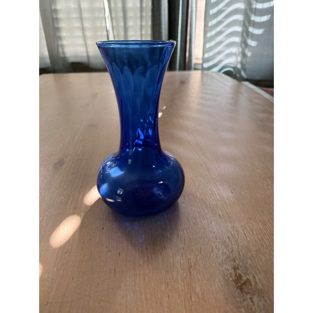 Vintage Cobalt Blue Hand Blown Glass Bud Vase Bulbous Base Flared Rim 5